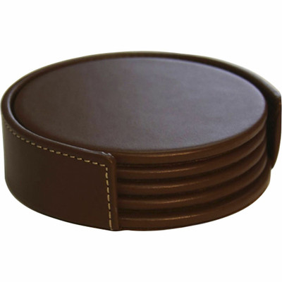 Dacasso Coaster Set with Holder - 4 Coaster of 4" Diameter - Circle - Brown - Leather - 1Each