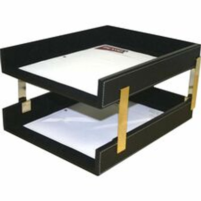 Dacasso Double Front Load Stacking Letter Tray - 2" Height x 10.60" Width x 13.75" Length - Desktop - Black - Leather - 1 Each