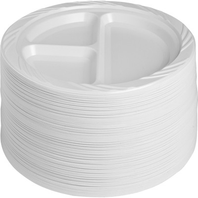 Genuine Joe 9" Round Divided Plates - Disposable - 9" Diameter - White - Plastic Body - 125 / Pack