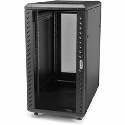StarTech.com 25U 36in Knock-Down Server Rack Cabinet with Casters - For A/V Equipment, Server - 25U Rack Height - Floor Standing Enclosed Cabinet - 4 Post - Black - Steel, Mesh, Glass - 1768 lb Static/Stationary Weight Capacity