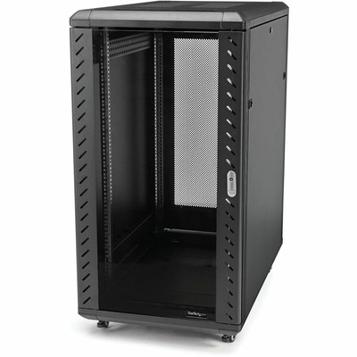 StarTech.com 25U 36in Knock-Down Server Rack Cabinet with Casters - For A/V Equipment, Server - 25U Rack Height - Floor Standing Enclosed Cabinet - 4 Post - Black - Steel, Mesh, Glass - 1768 lb Static/Stationary Weight Capacity