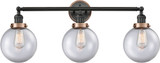 Innovations 205BK-BPAC-HRAC-G202-8 Franklin Restoration Beacon Matte Black Clear Beacon 3-Light Bathroom Light Sconce