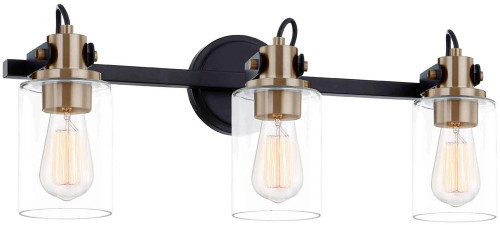 Justice Design FSN-8193-CLER-MBBR Fusion Brooklyn Contemporary Matte Black w/ Brass Accents 3-Light Bath Lighting Sconce