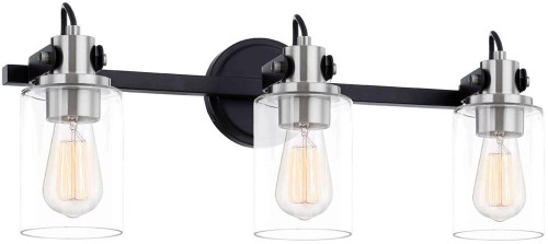 Justice Design FSN-8193-CLER-MBNK Fusion Brooklyn Contemporary Matte Black w/ Brushed Nickel Accents 3-Light Bathroom Vanity Lighting