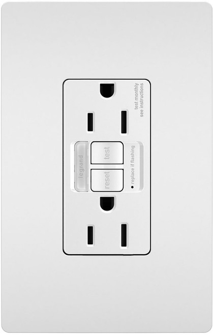 Legrand Radiant 1597NTLTRW Modern White Tamper-Resistant 15A Duplex Self-Test GFCI Receptacles with SafeLock Protection and Night Light