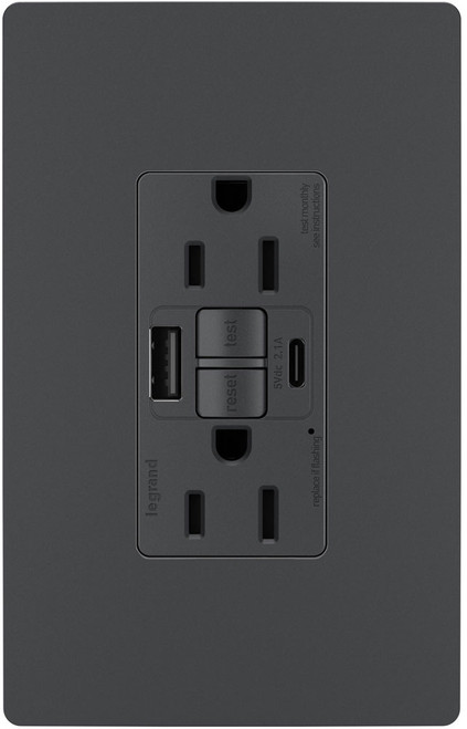 Legrand Radiant 1597TRUSBACGC4 Contemporary Graphite Tamper-Resistant 15A Duplex Self-Test GFCI USB Type A/C Receptacles with SafeLock Protection