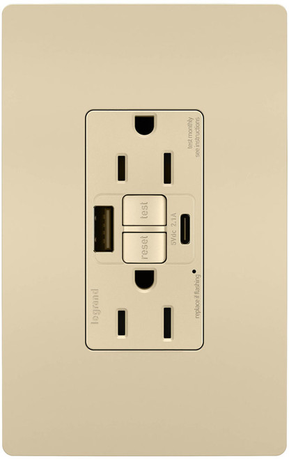 Legrand Radiant 1597TRUSBACI Modern Ivory Tamper-Resistant 15A Duplex Self-Test GFCI USB Type A/C Receptacles with SafeLock Protection