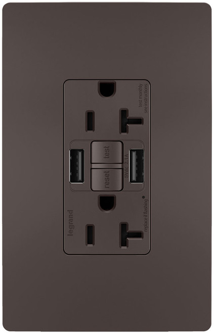 Legrand Radiant 2097TRUSBAA Modern Brown Tamper-Resistant 20A Duplex Self-Test GFCI Type A/A Outlet with SafeLock Protection