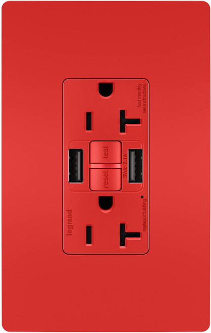 Legrand Radiant 2097TRUSBAARED Modern Red Tamper-Resistant 20A Duplex Self-Test GFCI Type A/A Outlet with SafeLock Protection
