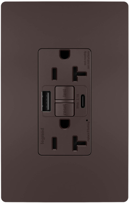 Legrand Radiant 2097TRUSBACDBC4 Modern Dark Bronze Tamper-Resistant 20A Duplex Self-Test GFCI Type A/C Outlet with SafeLock Protection