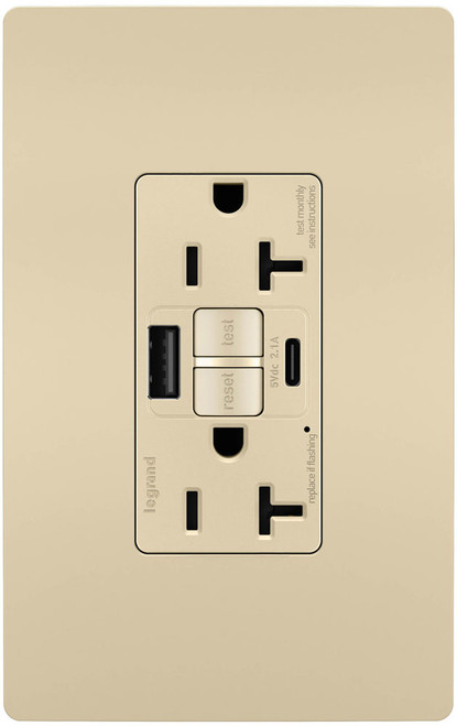 Legrand Radiant 2097TRUSBACI Modern Ivory Tamper-Resistant 20A Duplex Self-Test GFCI Type A/C Outlet with SafeLock Protection