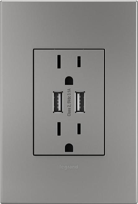 Legrand Adorne ARTRUSB153M4WP Outlets Modern Magnesium Dual USB Plus-Size Outlet Combo with Matching Wall Plate