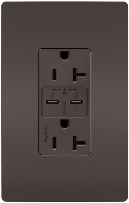 Legrand Radiant TR20USBPD Contemporary Brown 20A Tamper Resistant Ultra Fast PLUS Power Delivery USB Type C/C Outlet