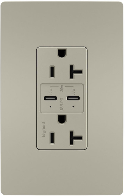 Legrand Radiant TR20USBPDNI Modern Nickel 20A Tamper Resistant Ultra Fast PLUS Power Delivery USB Type C/C Outlet