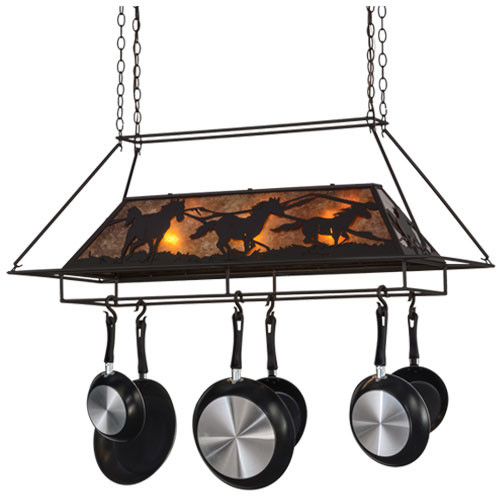 Meyda Custom 153181 Wild Horses Rustic Oil Rubbed Bronze / Amber Mica Island Lighting Pot Rack
