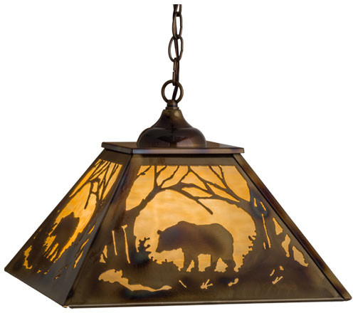 Meyda Custom 164001 Bear at Dawn Burnished Brass Tint Beige Glass Hanging Light Fixture