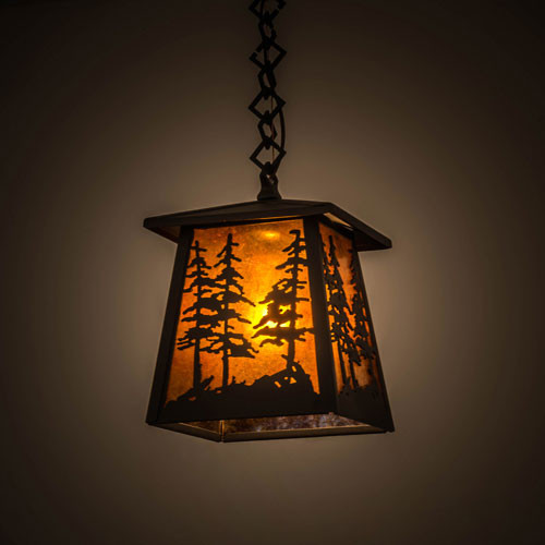 Meyda Custom 177127 Tall Pines Wrought Iron / Amber Mica Mini Pendant Lighting