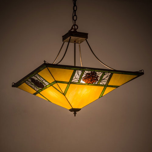 Meyda Custom 18879 Pinecones Rustic 26 inchsq. Inverted Pyramid 2-in-1 Convertible Semi-Flush/Pendant Mount Ceiling Light