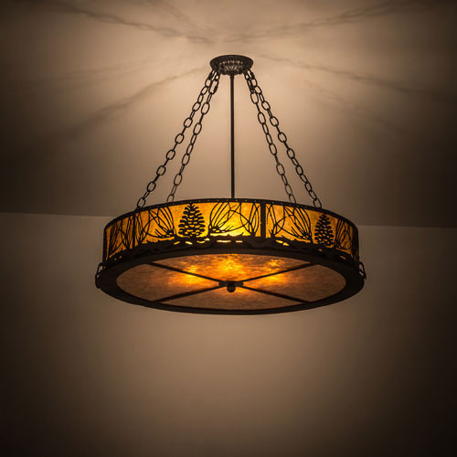 Meyda Custom 191371 Mountain Pine Rustic Black / Amber Mica Drum Pendant Light Fixture