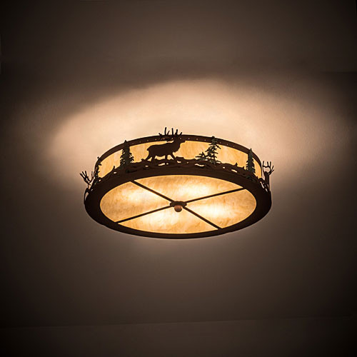 Meyda Custom 193545 Elk at Dusk Country Botticino Idalight Rust / Green Trees Flush Mount Lighting Fixture