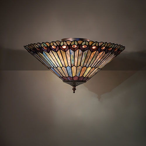 Meyda Lighting 274068 Tiffany Jeweled Peacock Tiffany Flush Mount Light Fixture