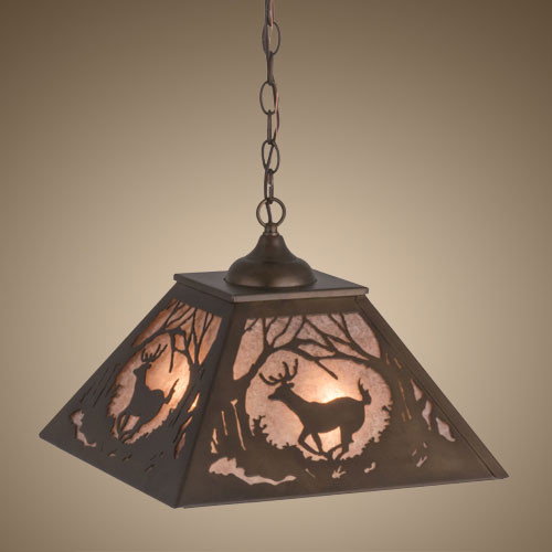 Meyda Custom 38690 Deer at Dawn Rustic Antique Copper / Silver Mica Drop Ceiling Light Fixture