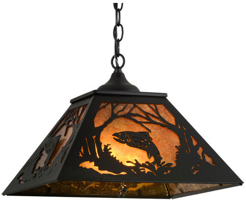 Meyda Custom 74031 Northwoods Leaping Trout Rustic Black / Amber Mica Pendant Lighting Fixture