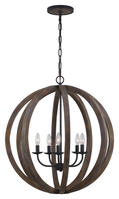 Visual Comfort Studio F2936-5WOW-AF Allier Modern Weather Oak Wood / Antique Forged Iron Finish 26" Wide Chandelier Lighting