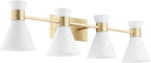 Quorum 5119-4-80 Beldar Modern Aged Brass w/ Gloss Opal 4-Light Bathroom Lighting Sconce