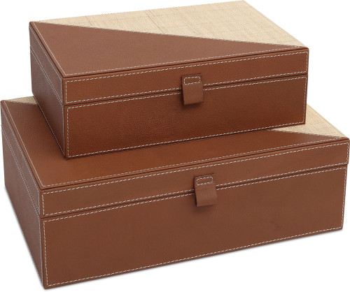 Currey & Company 1200-1069 Leather & Raffia Brown / Natural Box (set of 2)