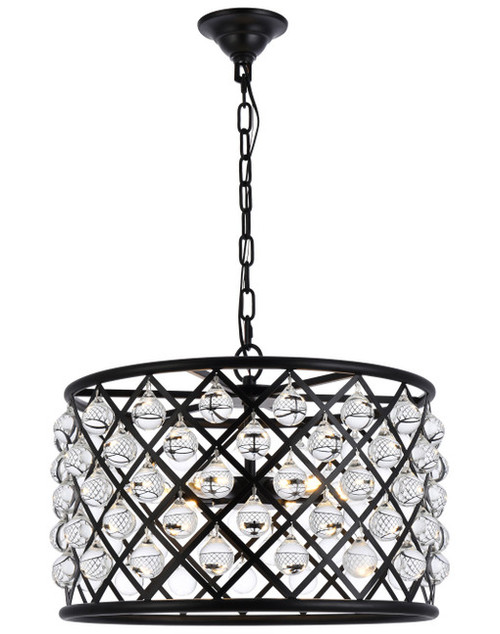 Elegant Lighting 1204D20MB/RC Madison Modern Crystal Matte Black 20" Drum Pendant Lamp 