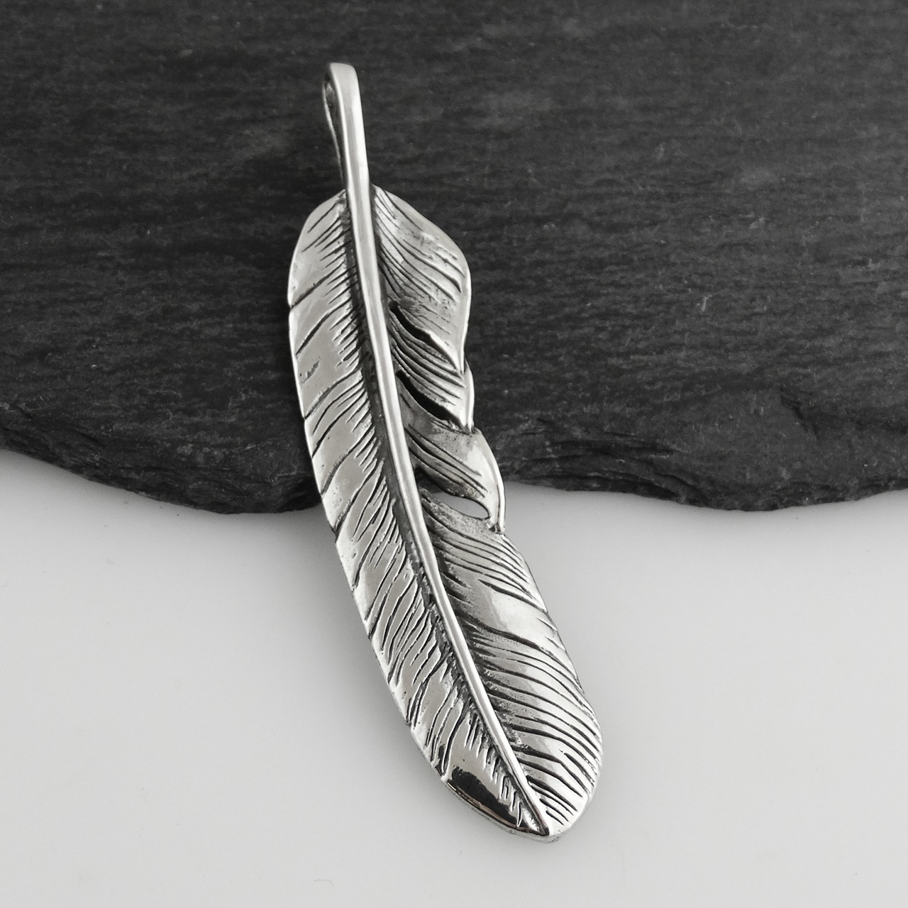 Large Detailed Feather Pendant - 925 Sterling Silver - Feathers - REO ...