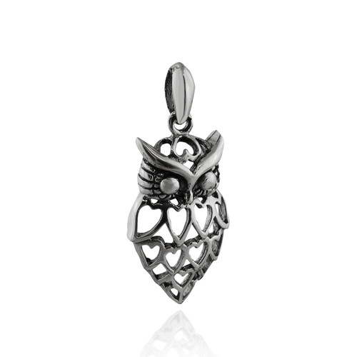 Sterling Silver Owl with Heart Feathers Pendant