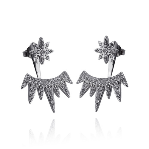 Star and Spikes Ear Jacket Earrings - 925 Sterling Silver with CZ - Posts