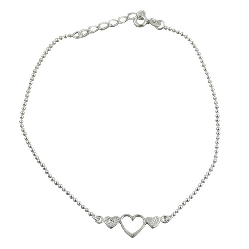 Three Hearts Anklet - 925 Sterling Silver - Adjustable Ball Bead Chain 8" - 9" Three Hearts Anklet - 925 Sterling Silver - Adjustable Ball Bead Chain 8" - 9"