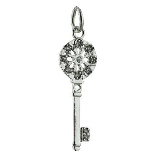 Old Fashioned Key Charm - 925 Sterling Silver CZ Accent Keys Pendant Love