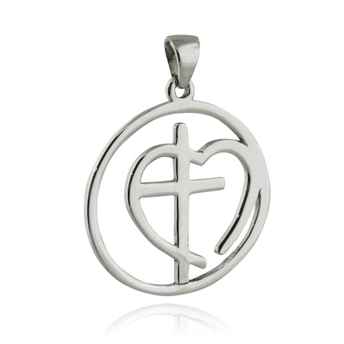 Cross in Open Heart Pendant - 925 Sterling Silver Round Faith