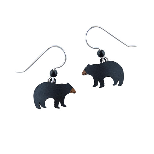 Black Bear Earrings Hand Painted Brass w/ Sterling Silver Ear Wires