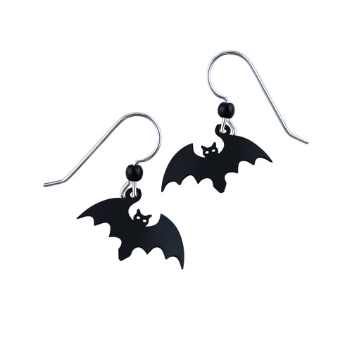 Black Bat Dangle Earrings - Halloween Bats Sterling Silver Ear Wires Handpainted