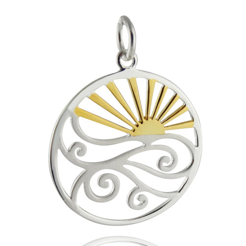 Sunset over Ocean Waves Pendant - Sterling Silver with Gold Plate Accent