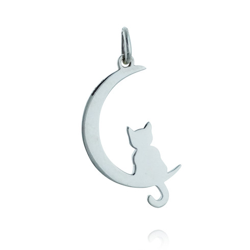 Crescent Moon w/ Kitty Cat Charm Pendant - 925 Sterling Silver - REO ...