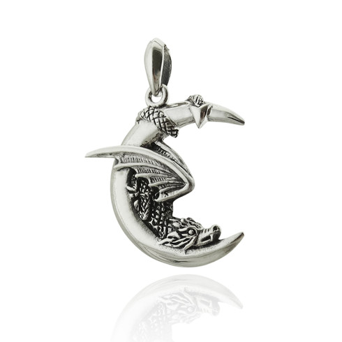 925 Sterling Silver Dragon Necklace, Winged Dragon on Moon Pendant. Dragon  Jewelry Charmed. Choose Italian Chain. 