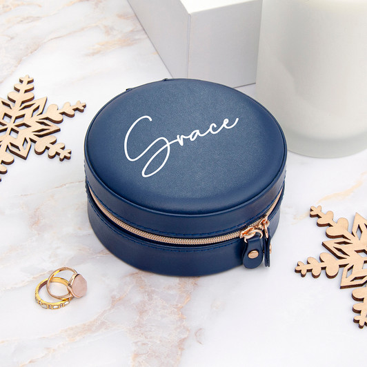 Personalised Navy Blue Round Jewellery Case