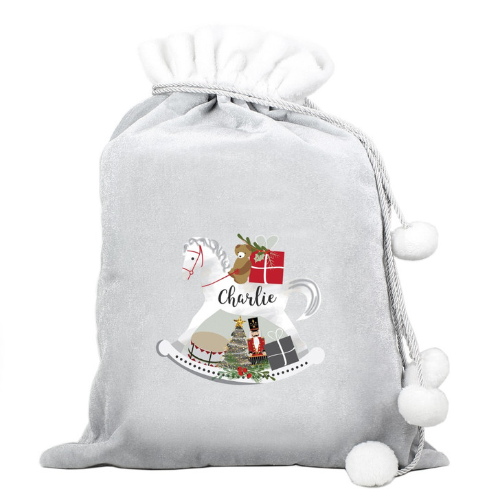 Personalised Rocking Horse Luxury Silver Pom Pom Sack