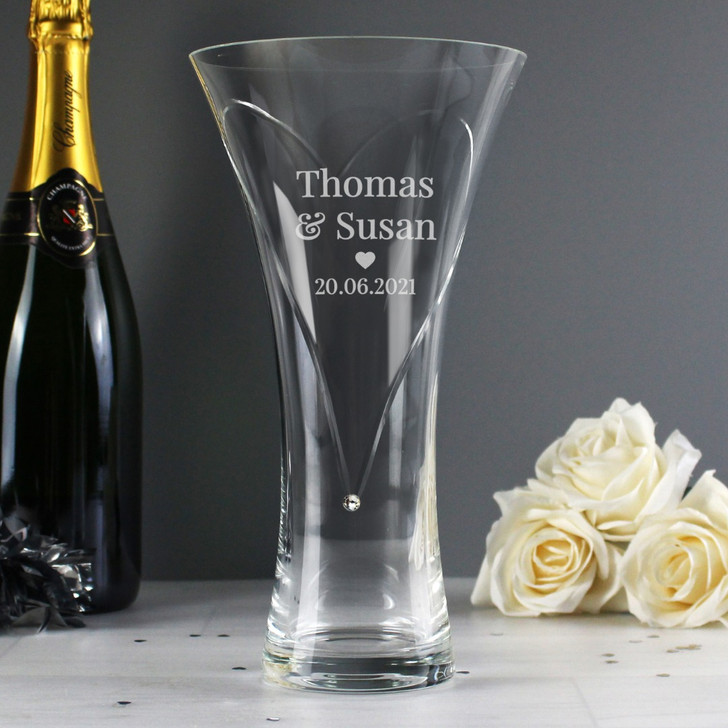 Personalised Mr  & Mrs Large Hand Cut Diamante Heart Vase with Swarovski Elements