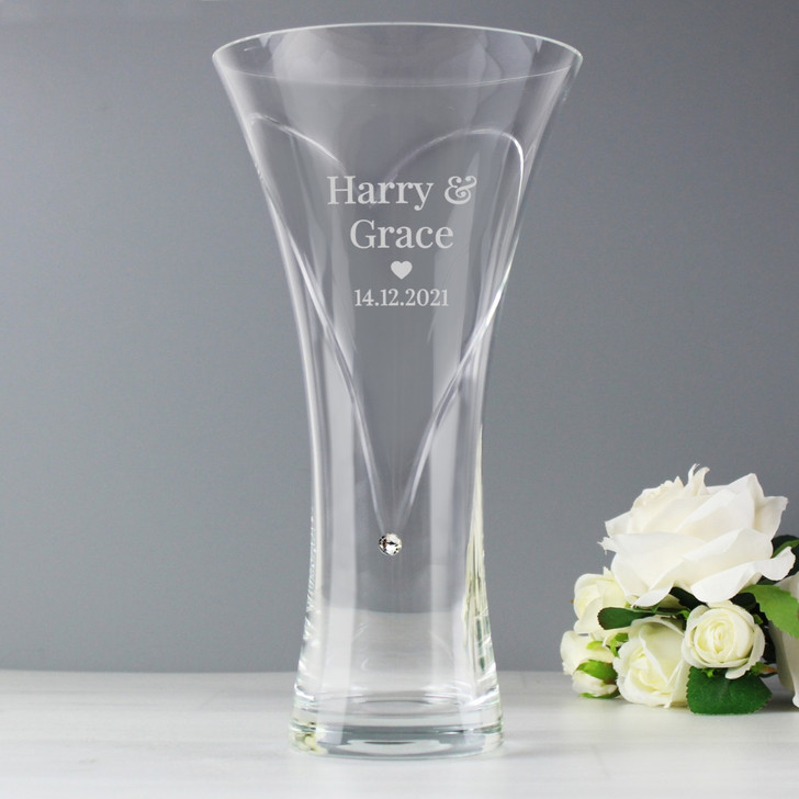 Personalised Mr  & Mrs Large Hand Cut Diamante Heart Vase with Swarovski Elements