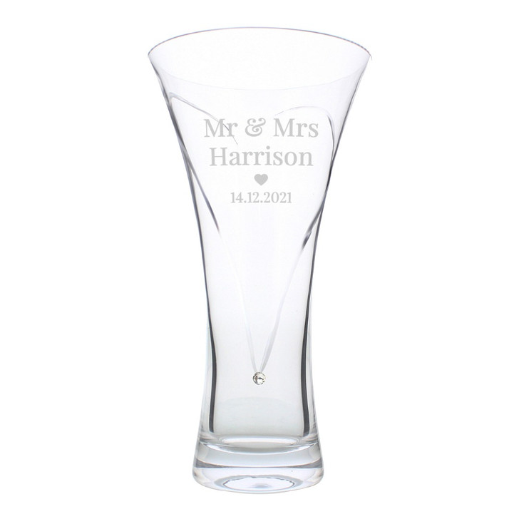 Personalised Mr  & Mrs Large Hand Cut Diamante Heart Vase with Swarovski Elements