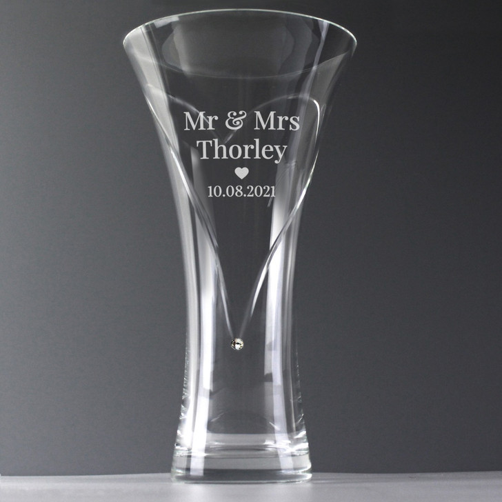 Personalised Mr  & Mrs Large Hand Cut Diamante Heart Vase with Swarovski Elements