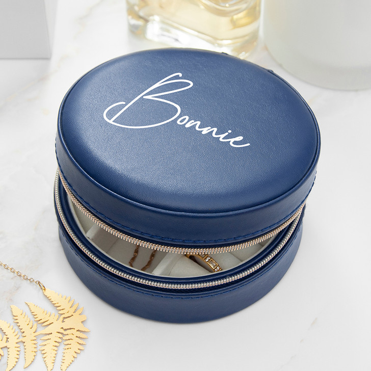 Personalised Navy Blue Round Jewellery Case