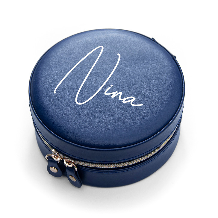 Personalised Navy Blue Round Jewellery Case